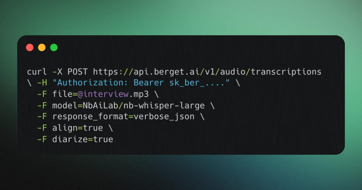 Curl command example showing how to transcribe an interview.mp3 file with speaker diarisation using the Berget AI API